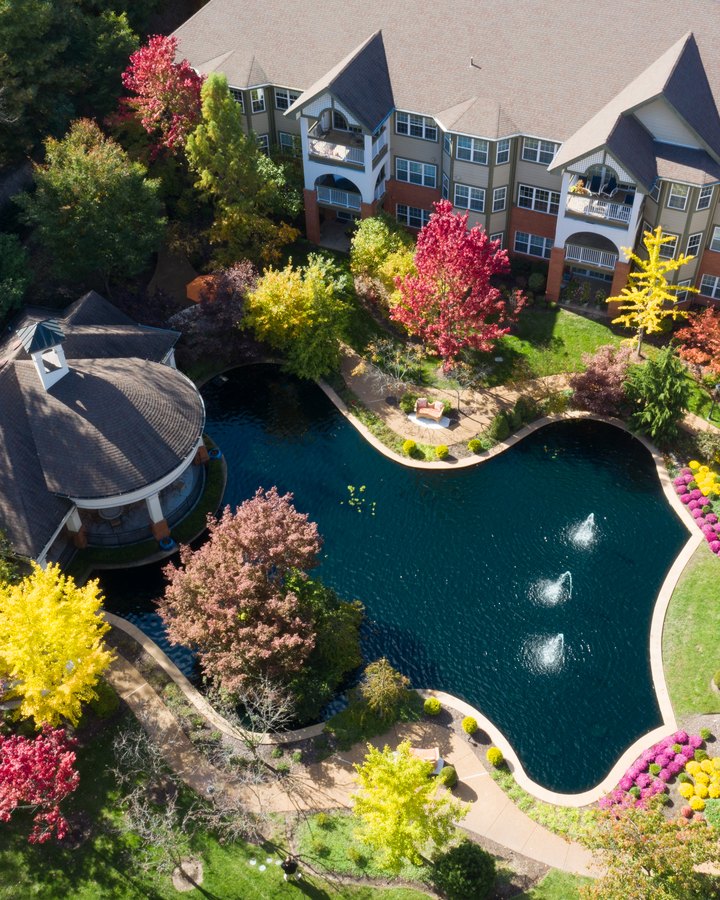 Aerial view of The Gatesworth, its pond and gardens